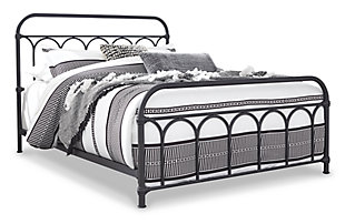 Looking to bring back a sense of bygone charm? Dream it, live it with the Nashburg queen metal bed. Matte black frame with moulded "fittings" brilliantly mimics wrought-iron beds from yesteryear for a look that’s perfect for your modern farmhouse or cottage-quaint escape. Made of steel | Includes headboard, footboard and rails | Powder coated finish | Moulded metal accents | Foundation/box spring required, sold separately | Mattress available, sold separately | Assembly required | Estimated Assembly Time: 30 Minutes