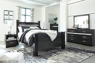 Starry, starry nights. Inspired by Hollywood glam, the richly styled Starberry queen poster bed steals the show in a simply stunning way. The bed’s replicated walnut grain is enriched with a high-gloss black finish, made even more dramatic with a strip of sleek silver glitter banding that accentuates a clean-lined, contemporary aesthetic. Mattress and foundation/box spring available, sold separately.Includes headboard, footboard and rails | Made of engineered wood (MDF/particleboard) and decorative laminate | High gloss black finish with replicated straight silver walnut grain framed in black finish | Silvertone glitter accent | Foundation/box spring required, sold separately | Mattress available, sold separately | Assembly required | Estimated Assembly Time: 10 Minutes