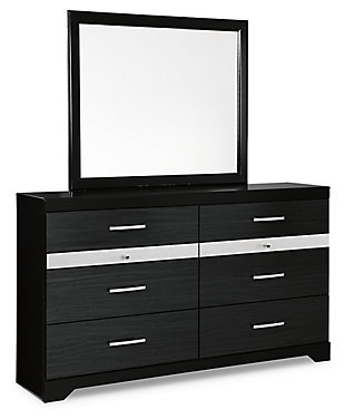 Starry, starry nights. Inspired by Hollywood glam, the richly styled Starberry dresser and mirror set steals the show in a simply stunning way. The dresser’s replicated walnut grain is enriched with a high-gloss black finish, made even more dramatic with chrome-tone handles with faux crystals and a strip of sleek silver glitter banding that accentuates a clean-lined, contemporary aesthetic.Includes dresser and mirror | Made of engineered wood (MDF/particleboard) and decorative laminate | High gloss black finish with replicated straight silver walnut grain framed in black finish | Silvertone glitter accent | 6 smooth-gliding drawers | Felt-lined multi-compartment jewelry drawer | Chrome-tone hardware with faux crystals | Mirror attaches to back of dresser | Safety is a top priority, clothing storage units are designed to meet the most current standard for stability, ASTM F 2057 (ASTM International) | Drawers extend out to accommodate maximum access to drawer interior while maintaining safety | Assembly required | Estimated Assembly Time: 5 Minutes