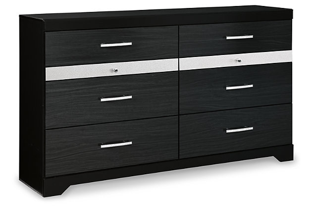 Starry, starry nights. Inspired by Hollywood glam, the richly styled Starberry dresser steals the show in a simply stunning way. The dresser’s replicated walnut grain is enriched with a high-gloss black finish, made even more dramatic with chrome handles with faux crystals. Two felt-bottom six-compartment jewelry drawers with silver glitter finish fronts accentuate a clean-lined, contemporary aesthetic.Dresser only | Made of engineered wood (MDF/particleboard) and decorative laminate | High gloss black finish with replicated straight silver walnut grain framed in black finish | Silvertone glitter accent | 6 smooth-gliding drawers plus 2 felt-lined 6-compartment jewelry drawers | Chrome-tone hardware with faux crystals | Safety is a top priority, clothing storage units are designed to meet the most current standard for stability, ASTM F 2057 (ASTM International) | Drawers extend out to accommodate maximum access to drawer interior while maintaining safety | Assembly required