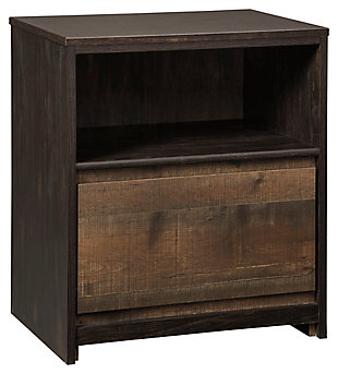 Less. Never more beautiful. Rich on the rustic character and decidedly simple on the details, the Windlore nightstand maximizes the beauty of minimalism. Free of handles and featuring inset drawers, Windlore does more with less for stunning results. Its richly rustic oak grain character is enhanced with a two-tone finish that gives the plank-style aesthetic a highly modern feel. And it’s right up to speed, with a pair of USB charging stations discreetly placed on the back.Made of engineered wood (MDF/particleboard) with replicated oak grain finish | Two-tone finish | Plank styling | 1 smooth-gliding drawer | Open cubby storage | 2 slim-profile USB charging stations | Power cord included; UL Listed | Small Space Solution
