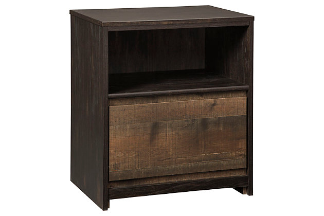 Less. Never more beautiful. Rich on the rustic character and decidedly simple on the details, the Windlore nightstand maximizes the beauty of minimalism. Free of handles and featuring inset drawers, Windlore does more with less for stunning results. Its richly rustic oak grain character is enhanced with a two-tone finish that gives the plank-style aesthetic a highly modern feel. And it’s right up to speed, with a pair of USB charging stations discreetly placed on the back.Made of engineered wood (MDF/particleboard) with replicated oak grain finish | Two-tone finish | Plank styling | 1 smooth-gliding drawer | Open cubby storage | 2 slim-profile USB charging stations | Power cord included; UL Listed | Small Space Solution