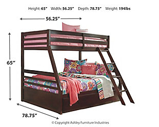 Save space while making bedtime a lot more appealing with the Halanton twin/full bunk bed. Sporting a clean-lined contemporary design, Halanton is kid-friendly furniture with a touch of grown-up sophistication. This solidly made bed has protective guard rails with a fixed ladder for easy top bunk access. There’s even an under bed drawer set on casters—great for storing toys, clothes and linens. Mattresses sold separately.Made of solid wood (drawer made of veneers, wood and engineered wood) | Includes top and lower bunk panels and horizontal rails | Top bunk with guard rails | Sturdy ladder leads to top bunk | The Consumer Product Safety Commission states top bunks not be used for children under 6 years of age | Included slats eliminate need for foundations/box springs | Mattresses available, sold separately | Under bed storage drawer set on casters | Assembly required | Excluded from promotional discounts and coupons | Estimated Assembly Time: 130 Minutes