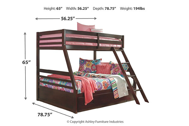 Save space while making bedtime a lot more appealing with the Halanton twin/full bunk bed. Sporting a clean-lined contemporary design, Halanton is kid-friendly furniture with a touch of grown-up sophistication. This solidly made bed has protective guard rails with a fixed ladder for easy top bunk access. There’s even an under bed drawer set on casters—great for storing toys, clothes and linens. Mattresses sold separately.Made of solid wood (drawer made of veneers, wood and engineered wood) | Includes top and lower bunk panels and horizontal rails | Top bunk with guard rails | Sturdy ladder leads to top bunk | The Consumer Product Safety Commission states top bunks not be used for children under 6 years of age | Included slats eliminate need for foundations/box springs | Mattresses available, sold separately | Under bed storage drawer set on casters | Assembly required | Estimated Assembly Time: 145 Minutes