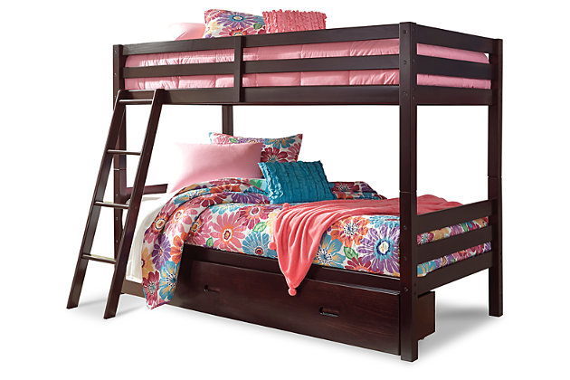 Save space while making bedtime a lot more appealing with the Halanton twin bunk bed with storage. Sporting a clean-lined contemporary design, Halanton is kid-friendly furniture with a touch of grown-up sophistication. This solidly made bed has protective guard rails with a fixed ladder for easy top bunk access. Set on casters, the under bed drawer is ideal for storing toys, clothes and linens. Mattresses sold separately.Made of solid wood (drawer made of veneers, wood and engineered wood) | Includes horizontal rails | Top bunk with guard rails | Sturdy ladder leads to top bunk | Under bed storage drawer set on casters | The Consumer Product Safety Commission states top bunks not be used for children under 6 years of age | Included slats eliminate need for foundations/box springs | Mattresses available, sold separately | Assembly required | Excluded from promotional discounts and coupons | Estimated Assembly Time: 95 Minutes