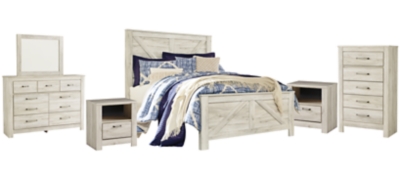 Bellaby Queen Crossbuck Panel Bed with Mirrored Dresser, Chest and 2 Nightstands, Whitewash