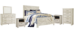Bellaby Queen Crossbuck Panel Bed with Mirrored Dresser, Chest and 2 Nightstands, Whitewash, large