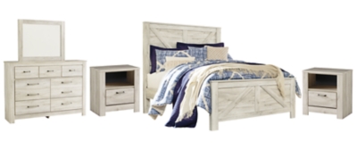 Bellaby Queen Crossbuck Panel Bed with Mirrored Dresser and 2 Nightstands, Whitewash