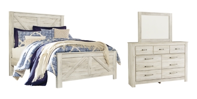 Bellaby Queen Crossbuck Panel Bed with Mirrored Dresser, Whitewash