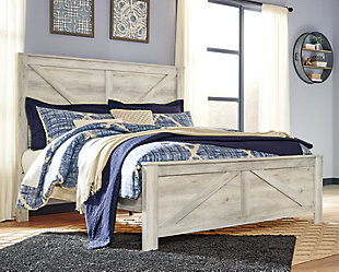 Gorgeous and modern, the Bellaby bed and dresser express your farmhouse style. Wispy white finish over replicated oak wood grain infuses so much character for a weathered, rustic look you’ll love. Clean-lined, classic panel styling provides a country-chic bedroom retreat that’s a breath of fresh air and provides the perfect foundation for an inviting space.Includes panel bed (headboard, footboard and rails) and 7-drawer dresser | Made of engineered wood (MDF/particleboard) and decorative laminate | Wispy white finish over replicated oak grain with authentic touch | Brushed nickel-tone hardware with black edging | Dresser with smooth-gliding drawers lined with faux linen laminate | Foundation/box spring required, sold separately; mattress available, sold separately | Safety is a top priority, clothing storage units are designed to meet the most current standard for stability, ASTM F 2057 (ASTM International) | Drawers extend out to accommodate maximum access to drawer interior while maintaining safety | Assembly required | Estimated Assembly Time: 10 Minutes