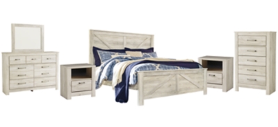 Bellaby King Crossbuck Panel Bed with Mirrored Dresser, Chest and 2 Nightstands, Whitewash, large