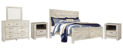 Bellaby King Crossbuck Panel Bed with Mirrored Dresser and 2 Nightstands, Whitewash