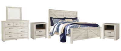 Bellaby King Crossbuck Panel Bed with Mirrored Dresser and 2 Nightstands, Whitewash, large