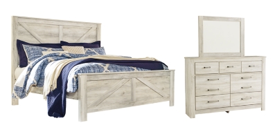 Bellaby King Crossbuck Panel Bed with Mirrored Dresser, Whitewash