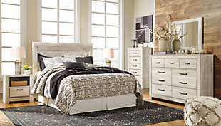 It’s gorgeous; its modern farmhouse; it’s the Bellaby queen panel headboard. A wispy, whitewash hue sweeps over the replicated oak grain for that weathered, rustic look you crave. With classic panel styling and subtle timeworn charm, you’ll have a stylish countryside retreat to return to every night.Headboard only | Made of engineered wood (MDF/particleboard) and decorative laminate | Wispy white finish over replicated oak grain with authentic touch | Hardware not included | Four ¼" bolts are needed to attach headboard to existing bed frame | Bolt length depends on thickness of your bed frame | Foundation/box spring required; sold separately | Mattress available; sold separately | Assembly required