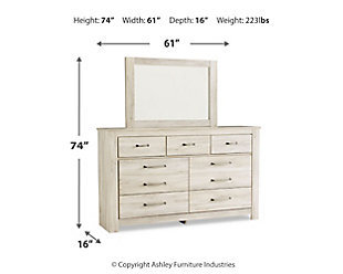 Your bedroom isn’t just a room. It’s a canvas. Express your farmhouse style with the Bellaby dresser and mirror set. Wispy white finish over replicated oak wood grain brightens up the space with charm. Brushed nickel-tone handles with black edging finesse the piece with a bit of shine. Drawers are spacious and lined with faux linen laminate to hold your belongings with care. This clean-lined profile is the perfect authentic foundation for inviting decor.Includes dresser and mirror | Made of engineered wood (MDF/particleboard) and decorative laminate | Wispy white finish over replicated oak grain with authentic touch | Brushed nickel-tone hardware with black edging | 7 smooth-gliding drawers (lined with faux linen laminate) | Mirror attaches to back of dresser | Safety is a top priority, clothing storage units are designed to meet the most current standard for stability, ASTM F 2057 (ASTM International) | Drawers extend out to accommodate maximum access to drawer interior while maintaining safety | Assembly required | Estimated Assembly Time: 5 Minutes