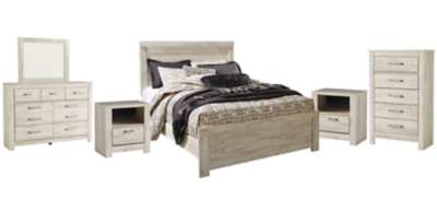 Bellaby Queen Panel Bed with Mirrored Dresser, Chest and 2 Nightstands, Whitewash