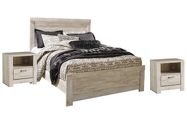 Your bedroom isn’t just a room. It’s a canvas. Express your farmhouse style with the 5-piece Bellaby bedroom set. Wispy white finish over replicated oak wood grain is a delightful change from the ordinary. Clean-lined, classic styling provides a countrified-chic bedroom retreat that’s a breath of fresh air. Queen panel bed is accompanied by a pair of nightstands, each with USB stations for your convenience. Mattress and foundation/box spring available, sold separately.Includes panel bed (headboard, footboard and rails) and two 1-drawer  nightstands | Made of engineered wood (MDF/particleboard) and decorative laminate | Wispy white finish over replicated oak grain with authentic touch | Brushed nickel-tone hardware with black edging | Nightstand with smooth-gliding drawers lined with faux linen laminate | Nightstand with storage cubby; 2 slim-profile USB ports | Power cord included; UL Listed | Foundation/box spring required, sold separately; mattress available, sold separately | Safety is a top priority, clothing storage units are designed to meet the most current standard for stability, ASTM F 2057 (ASTM International) | Drawers extend out to accommodate maximum access to drawer interior while maintaining safety | Assembly required | Estimated Assembly Time: 10 Minutes