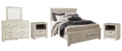 Bellaby Queen Platform Bed with 2 Storage Drawers with Mirrored Dresser and 2 Nightstands, Whitewash, large
