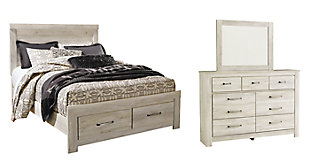 Bellaby Queen Platform Bed with 2 Storage Drawers with Mirrored Dresser, Whitewash, large