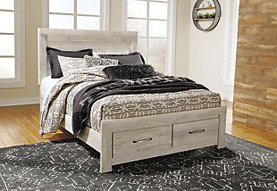 It’s gorgeous; it’s modern farmhouse; it’s the Bellaby queen storage bed. Wispy, whitewash finish infuses so much character without covering the grain for that weathered, rustic look you crave. Clean-lined, classic panel styling and a pair of drawers at the foot of the bed provide a countrified-chic bedroom retreat that’s a breath of fresh air. Mattress available, sold separately.Includes headboard, footboard, rails and slats | Made of engineered wood (MDF/particleboard) and decorative laminate | Wispy white finish over replicated oak grain with authentic touch | Footboard with 2 smooth-operating drawers | Bed does not require a foundation/box spring | Mattress available, sold separately | Assembly required | Estimated Assembly Time: 15 Minutes