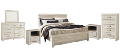 Bellaby King Panel Bed with Mirrored Dresser, Chest and 2 Nightstands, Whitewash, large