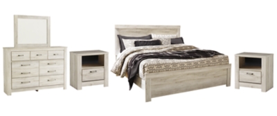 Bellaby King Panel Bed with Mirrored Dresser and 2 Nightstands, Whitewash