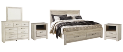 Bellaby King Platform Bed with 2 Storage Drawers with Mirrored Dresser and 2 Nightstands, Whitewash