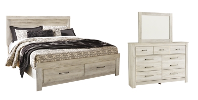 Bellaby King Platform Bed with 2 Storage Drawers with Mirrored Dresser, Whitewash