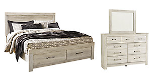 Bellaby King Platform Bed with 2 Storage Drawers with Mirrored Dresser, Whitewash, large