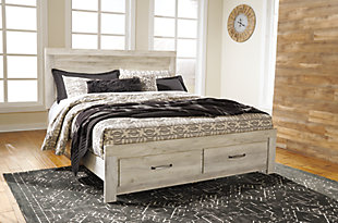 It’s gorgeous; its modern farmhouse; it’s the Bellaby king panel headboard. A wispy, whitewash hue sweeps over the replicated oak grain for that weathered, rustic look you crave. With classic panel styling and subtle timeworn charm, you’ll have a stylish countryside retreat to return to every night.Headboard only | Made of engineered wood (MDF/particleboard) and decorative laminate | Wispy white finish over replicated oak grain with authentic touch | Hardware not included | Four ¼" bolts are needed to attach headboard to existing bed frame | Bolt length depends on thickness of your bed frame | Foundation/box spring required; sold separately | Mattress available; sold separately | Assembly required