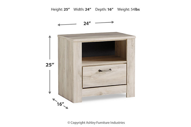 Your bedroom isn’t just a room. It’s a canvas. Express your farmhouse style with the Bellaby nightstand. Wispy white finish over replicated oak wood grain brightens up the space with charm. Brushed nickel-tone handles with black edging finesse the piece with a bit of shine. Drawer is spacious and lined with faux linen laminate to hold your belongings with care. This clean-lined profile is the perfect authentic foundation for inviting decor.Made of engineered wood (MDF/particleboard) and decorative laminate | Wispy white finish over replicated oak grain with authentic touch | 1 storage cubby | 1 smooth-gliding drawer (lined with faux linen laminate) | Brushed nickel-tone hardware with black edging | Slim-profile USB charging station | Power cord included; UL Listed | Assembly required