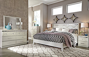 Love sleek and bold contemporary style? Live the dream with the Dreamur chest. Eye-catching details include 3D pressed top drawers with beveled mirror banding. Faux crystal accented handles and knobs incorporate an added touch of sheen and shine.Made of engineered wood (MDF/particleboard) | Mirrored banding | Faux crystal hardware | 5 smooth-operating drawers | Small Space Solution | Includes tipover restraint device | Safety is a top priority, clothing storage units are designed to meet the most current standard for stability, ASTM F 2057 (ASTM International) | Drawers extend out to accommodate maximum access to drawer interior while maintaining safety