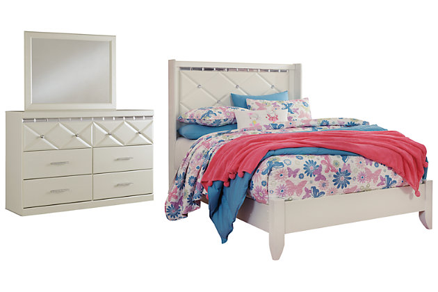Love sleek and bold contemporary style? Live the dream with this bedroom set. Eye-catching details include 3D pressed design with beveled mirror banding and faux crystal accented handles for an added touch of sheen and shine. A clean-lined profile balances the look with sheer simplicity.Includes full panel bed (with headboard and footboard with rails) and dresser with mirror | Made of engineered wood | Dresser with 6 smooth-gliding drawers | Mirrored banding | Faux crystal hardware | Mirror attaches to back of dresser | Assembly required | Estimated Assembly Time: 10 Minutes
