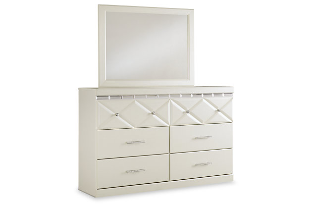 Love sleek and bold contemporary style? Live the dream with the Dreamur dresser and mirror. Eye-catching details include 3D pressed top drawers with beveled mirror banding. Faux crystal accented handles and knobs incorporate an added touch of sheen and shine. Mirror has an ultra-clean design that strikes just the right balance to the dresser's hearty, dynamic design.Includes 2 pieces: dresser and mirror | Made of engineered wood (MDF/particleboard) | Mirrored banding | Faux crystal hardware | 6 smooth-operating drawers | Mirror attaches to the back of the dresser with bolts | Includes tipover restraint device | Estimated Assembly Time: 5 Minutes