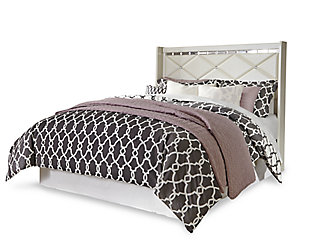 Love sleek and bold contemporary style? Live the dream with the Dreamur queen panel headboard. Eye-catching details include 3D pressed design with beveled mirror banding and faux crystal accents for an added touch of sheen and shine. A clean-lined profile balances the look with sheer simplicity.Headboard only | Bed frame sold separately | Made of engineered wood | Mirrored banding | Faux crystal hardware