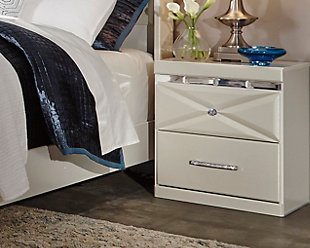 Love sleek and bold contemporary style? Live the dream with the Dreamur nightstand. Eye-catching details include 3D pressed design with beveled mirror banding and faux crystal accented handles for an added touch of sheen and shine. A clean-lined profile balances the look with sheer simplicity. Subtly placed USB hub is great if you're one to bring your laptop or tablet to bed.Made of engineered wood (MDF/particleboard) | Mirrored banding | Faux crystal hardware | 2 smooth-operating drawers | 2 slim-profile USB charging stations | Power cord included; UL Listed | Small Space Solution