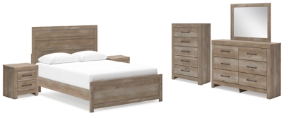 Gachester Queen Panel Bed with Mirrored Dresser, Chest and 2 Nightstands, Tan, large