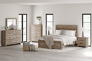 Gachester Queen Panel Bed with Mirrored Dresser, Chest and 2 Nightstands, Tan, rollover