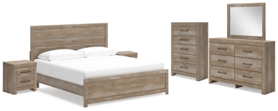 Gachester King Panel Bed with Mirrored Dresser, Chest and 2 Nightstands, Tan, large