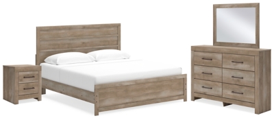 Gachester King Panel Bed with Mirrored Dresser and Nightstand, Tan, large