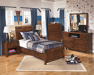 Even with its youthful charm, Delburne impresses with a sense of sophistication your stylish lad or little lady can happily grow into. Bathed in a warm and rustic finish that feels right at home, twin panel bed exudes cool character with plank-style headboard and faux metal decorative brackets for a rugged edge. Mattress and foundation/box spring sold separately.Made of veneers, wood and manmade wood | Includes headboard, footboard and rails | Bronze-tone hardware | Faux metal brackets | Assembly required