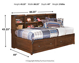 Even with its youthful charm, Delburne impresses with a sense of sophistication your stylish lad or little lady can happily grow into. Bathed in a warm, rustic finish with faux metal decorative brackets for a fun touch, twin storage bed is custom made for organized bedrooms that reflect kids' cool character. Headboard with open cubbies provides perfect display space. Two ample drawers underneath house everything from toys to clothes. Mattress sold separately.Made of veneers, wood and manmade wood | Includes headboard with storage, footboard with storage, roll slats and rails | Bronze-tone hardware | Faux metal brackets | Footboard with 2 drawers with dovetail construction | Headboard with 5 storage cubbies; outer cubbies with 2 shelves (1 adjustable) | Included slats eliminate need for foundation/box spring | Assembly required
