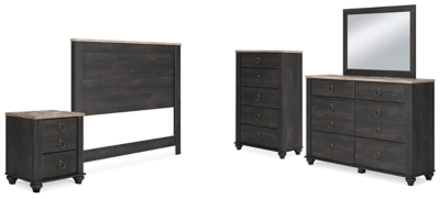 Nanforth Queen Panel Headboard with Mirrored Dresser, Chest and Nightstand, Graphite