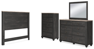 Nanforth Queen Panel Headboard with Mirrored Dresser and Chest, Graphite