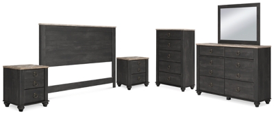 Nanforth King/California King Panel Headboard with Mirrored Dresser, Chest and 2 Nightstands, Graphite