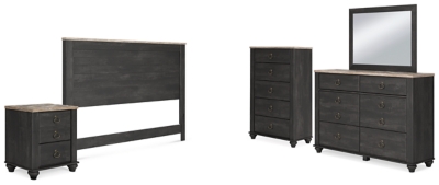 Nanforth King/California King Panel Headboard with Mirrored Dresser, Chest and Nightstand, Graphite