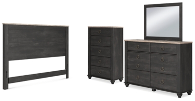 Nanforth King/California King Panel Headboard with Mirrored Dresser and Chest, Graphite