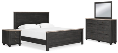 Nanforth King Panel Bed with Mirrored Dresser and Nightstand, Two-tone