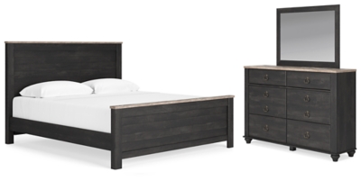 Nanforth King Panel Bed with Mirrored Dresser, Two-tone, large